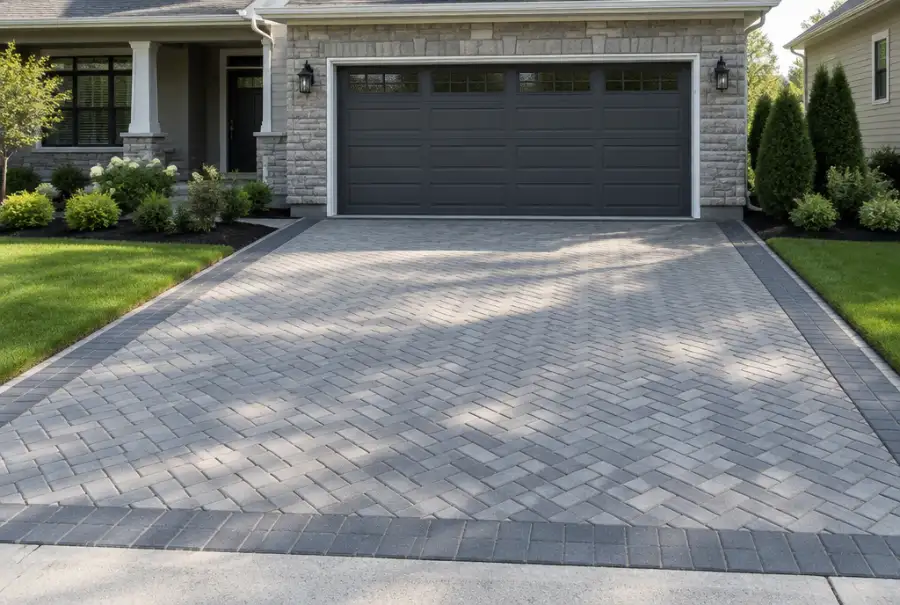 Interlocking paver driveway in a herringbone pattern with a border course leading to a garage
