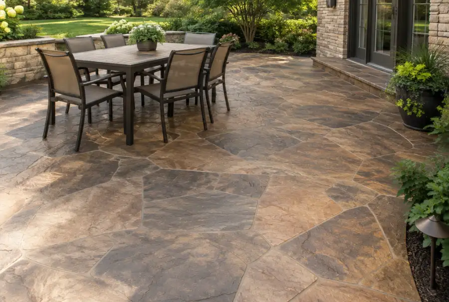 Stamped concrete patio with a stone-look pattern and warm integral color beside an outdoor dining area